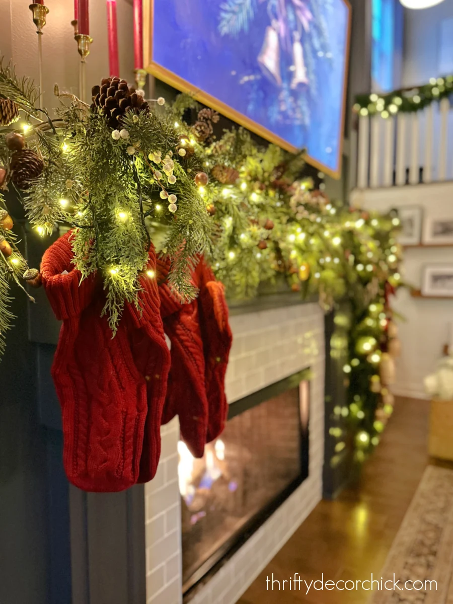 knit stockings on Christmas mantel
